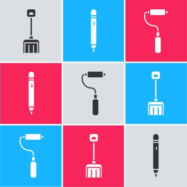 Kar küreği, silgiyle kalem ve boya fırçası simgesini ayarla. Vektör.