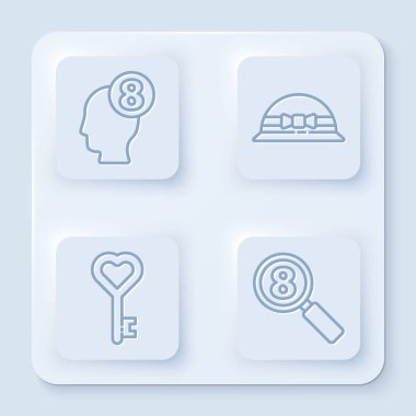 İnsan kafasında 8 Mart 'ı, zarif kadın şapkasını, kalp şeklinde anahtarı ve 8 Mart' ı ara. Beyaz kare düğme. Vektör.