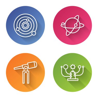 Güneş sistemini, Dünya 'nın yörüngesinde dönen uyduları, teleskobu ve güneş sistemini ayarla. Renkli daire düğmesi. Vektör.