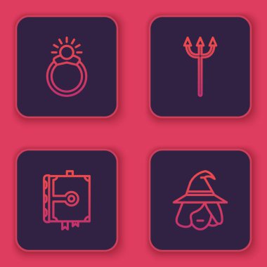 Değerli taştan yüzükler, Antik büyü kitabı, Neptün Mızrak ve Cadı. Mavi kare düğme. Vektör.