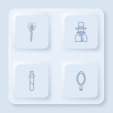 Sihirli değnek, sihirbaz, aşk iksiri ve el aynası ile şişe ayarla. Beyaz kare düğme. Vektör.