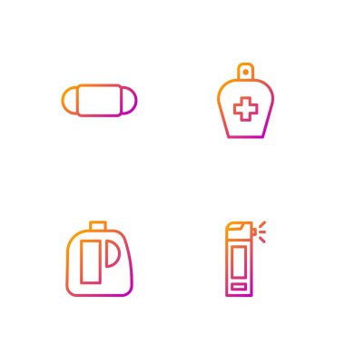 Hortum spreyli şişe, temizlik malzemesi şişeleri, tıbbi koruyucu maske ve sıvı antibakteriyel sabun. Renk simgeleri. Vektör.