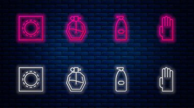 Parfüm, bir şişe sıvı antibakteriyel sabun paket güvenli seks ve lastik eldivenlerde prezervatif. Tuğla duvarda parlayan neon simgesi. Vektör.