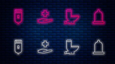 Cross hastanesi sağlık, klozet, elektrikli saç makası ya da traş makinesi ve prezervatif ayarlayın. Tuğla duvarda parlayan neon simgesi. Vektör.