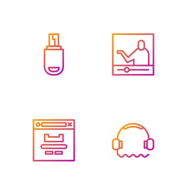 Set hattı kulaklıkları, tarayıcı penceresi, USB flash bellek ve çevrimiçi eğitim. Renk simgeleri. Vektör.
