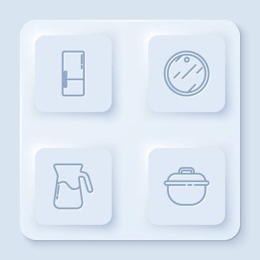 Buzdolabı, kesme tahtası, su dolu sürahi bardağı ve pişirme kabı. Beyaz kare düğme. Vektör.