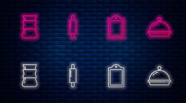 Hat çekme pimi, kesme tahtası, Türk kahvesi ve tepsi yemekle kaplı. Tuğla duvarda parlayan neon simgesi. Vektör.