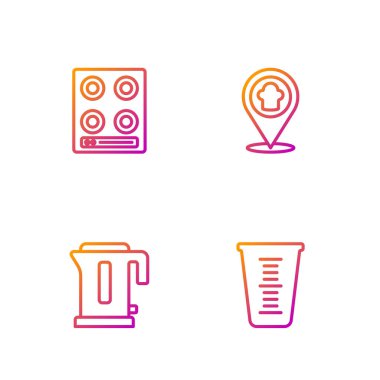 Ölçme kabı, elektrikli su ısıtıcısı, gaz ocağı ve konumu olan şef şapkası. Renk simgeleri. Vektör.