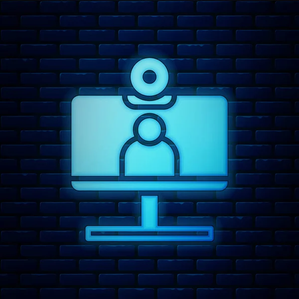 Icono Videoconferencia Neón Brillante Aislado Fondo Pared Ladrillo Ordenador Con — Vector de stock