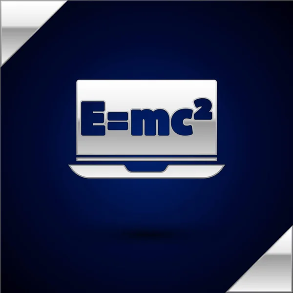 在深蓝色背景下隔离的笔记本电脑图标上方程解的Silver Math系统 在电脑屏幕上 E等于Mc平方方程 — 图库矢量图片