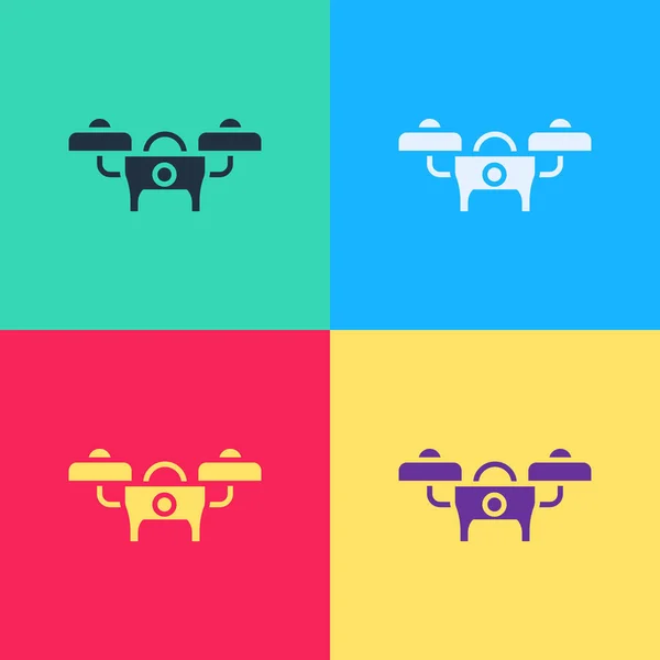 ポップアート色の背景に孤立したドローンの飛行アイコン ビデオや写真のカメラのシンボルとQuadrocopter ベクトル — ストックベクタ