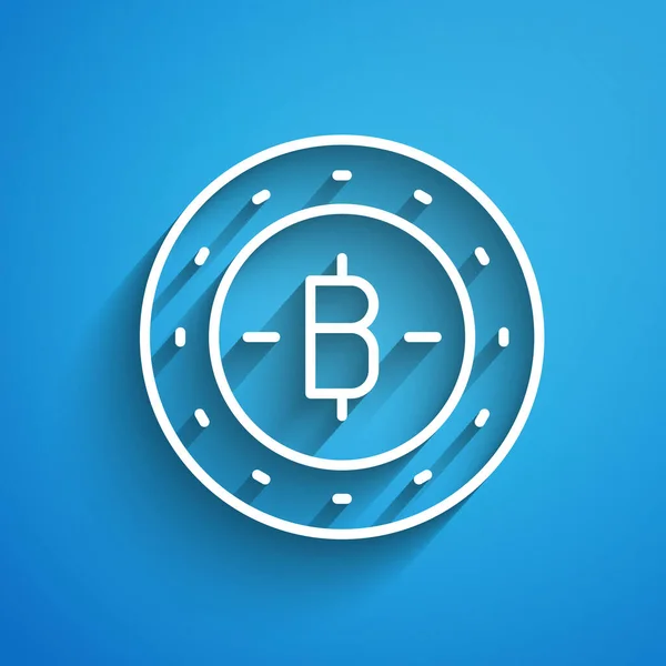 Linea Bianca Cryptocurrency Moneta Icona Bitcoin Isolato Sfondo Blu Una — Vettoriale Stock