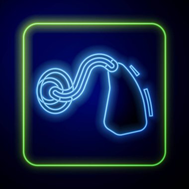 Parlayan neon işitme cihazı ikonu mavi arkaplanda izole edildi. Kulak ve işitme. Vektör.