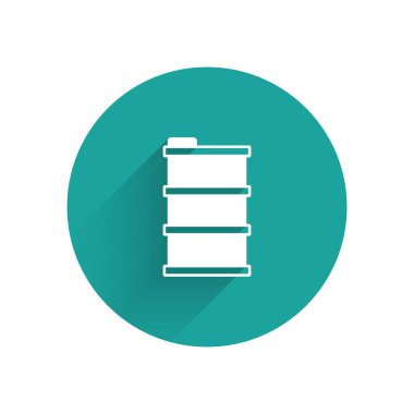 Beyaz Varil yağ ikonu uzun gölge arkaplan izole. Yeşil daire düğmesi. Vektör