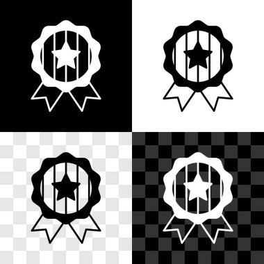 Siyah beyaz, şeffaf arkaplanda izole edilmiş yıldız simgesine sahip madalyayı ayarla. Kazanan başarı işareti. Ödül madalyası. Vektör