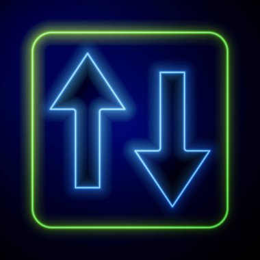 Parlayan neon ok simgesi mavi arkaplanda izole edildi. Yön Arrowhead sembolü. Navigasyon işaretçisi işareti. Vektör