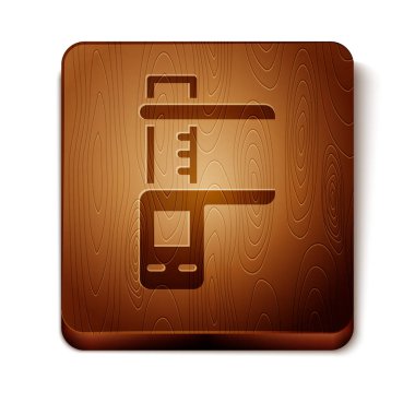 Kahverengi Calliper veya kalibre ve ölçek simgesi beyaz arkaplanda izole edilmiş. Hassas ölçüm aletleri. Tahta kare düğme. Vektör