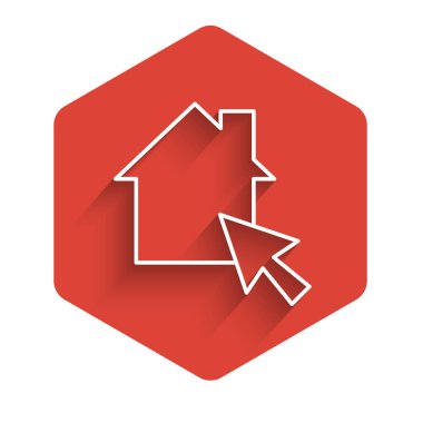 Çevrimiçi beyaz çizgi uzun gölgeli bir ikon üzerinde çalışıyor. Evinde dizüstü bilgisayarla çalışan serbest çalışan bir adam. Uzaktan kumanda. Mesafeli iş kavramı. Kırmızı altıgen düğmesi. Vektör.