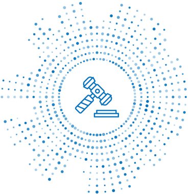 Mavi çizgi Yargıç Tokmak ikonu beyaz arka planda izole edildi. Gavel cezaların, faturaların, mahkemenin, adaletin hükmünü verecek. Açık arttırma çekici. Soyut çember rastgele noktalar. Vektör.