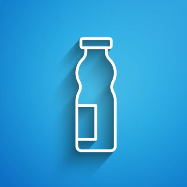 Beyaz çizgi, mavi arka planda izole edilmiş şişe ikonunda yoğurt içmek. Uzun gölge. Vektör.