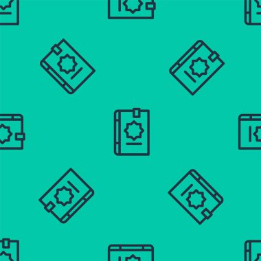 Mavi çizgi. Kur 'an ikonu kutsal kitabı. Yeşil arka planda kusursuz desen izole edilmiş. Müslüman bayramı, Kurban Bayramı, Kurban Bayramı, Ramazan Kareem. Vektör