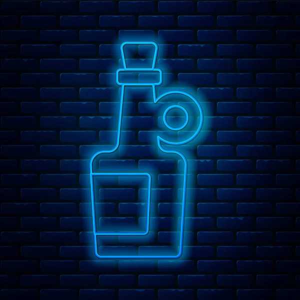 ネオンラインを輝くアルコール飲料レンガの壁の背景に隔離されたラムボトルアイコン ベクトル — ストックベクタ