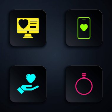 Set Diamond engagement ring, Dating app online, Heart hand and Online dating chat. Black square button. Vector