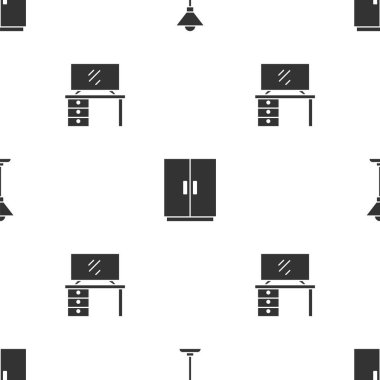 Set Floor lamp, Wardrobe and TV table stand on seamless pattern. Vector