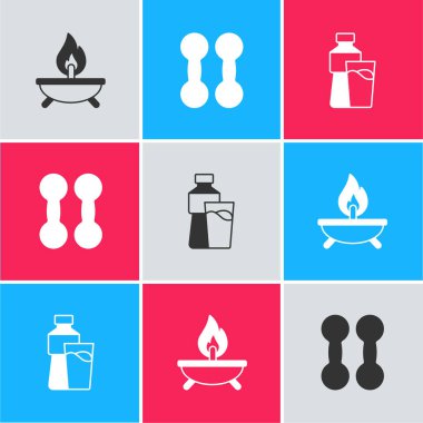 Set Aroma candle, Dumbbell and Bottle of water with glass icon. Vector