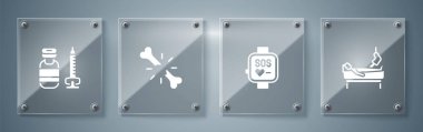 Set Patient with broken leg, Smart watch, Human bone and Syringe. Square glass panels. Vector