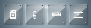 Set Car battery, Audio, spark plug and Canister for motor oil. Square glass panels. Vector