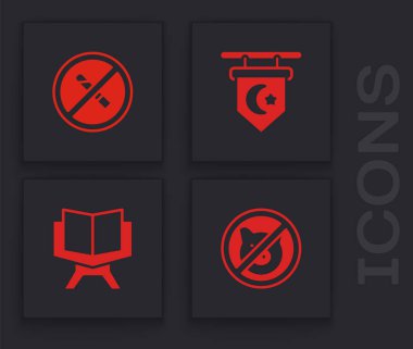 Set No pig, Smoking, Star and crescent and Holy book of Koran icon. Vector