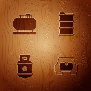 Set Gas tank for vehicle, Oil storage, Propane gas and Barrel oil on wooden background. Vector