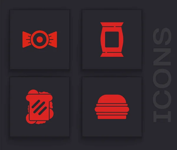 Set Burger Candy Bag Packet Potato Chips Sandwich Icon Vector — Image vectorielle