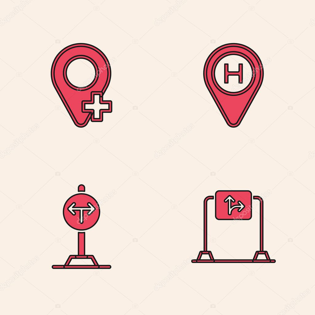 Set Road traffic sign, Location, Helicopter landing pad and Fork the road icon. Vector
