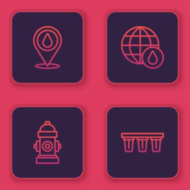 Set line Water drop with location, Fire hydrant, Earth planet in water and filter. Blue square button. Vector