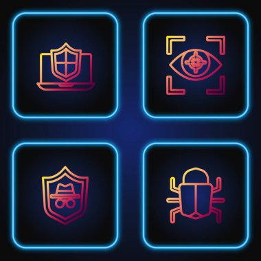 Set line System bug, Incognito mode, Laptop protected with shield and Eye scan. Gradient color icons. Vector