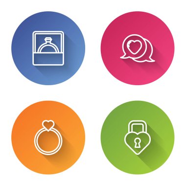 Set line Diamond engagement ring, Heart speech bubble, Wedding rings and Castle the shape of heart. Color circle button. Vector