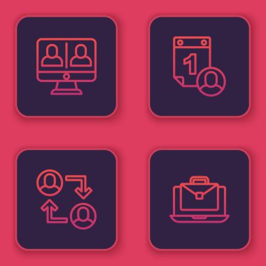 Set line Video chat conference, Project team base, Time management and Online working. Blue square button. Vector