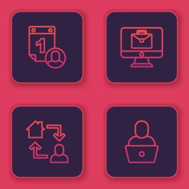 Set line Time management, Online working,  and Freelancer. Blue square button. Vector