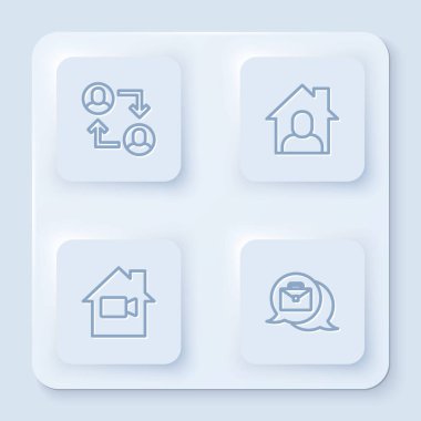 Set line Project team base, Online working, Video camera Off home and . White square button. Vector