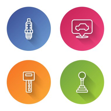 Set line Car spark plug, service, key with remote and Gear shifter. Color circle button. Vector