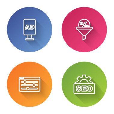 Set line Advertising, Lead management, Browser setting and SEO optimization. Color circle button. Vector
