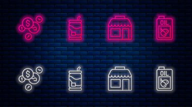 Set line Soda can, Market store, Coin money with dollar and Bottle of olive oil. Glowing neon icon on brick wall. Vector