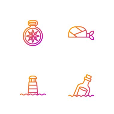 Set line Bottle with message in water, Lighthouse, Compass and Pirate bandana for head. Gradient color icons. Vector