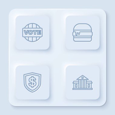 Set line Vote, Burger, Shield with dollar and White House. White square button. Vector