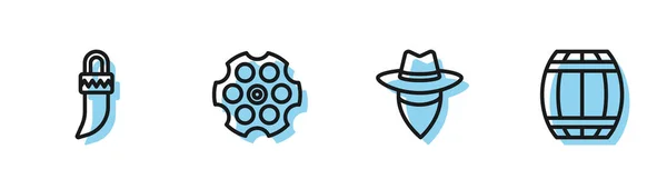 Set Line Cowboy Tooth Revolver Cylinder Gun Powder Barrel Icon — Vector de stock