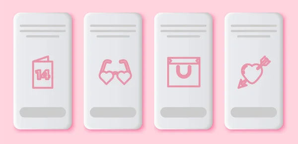 Set Line Greeting Card Heart Shaped Love Glasses Shopping Bag — Stock Vector