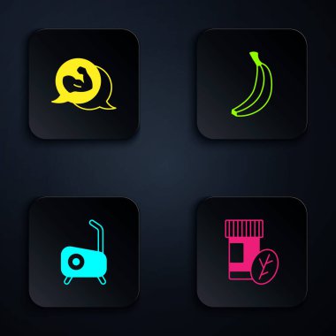 Vitamin hapı, vücut geliştirme kası, sabit bisiklet ve muz. Siyah kare düğme. Vektör