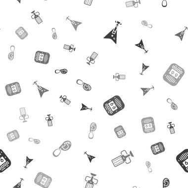 Elektro bas gitar, mikrofon, kasetçalar ve küpeli kulaklık ayarlayın. Vektör